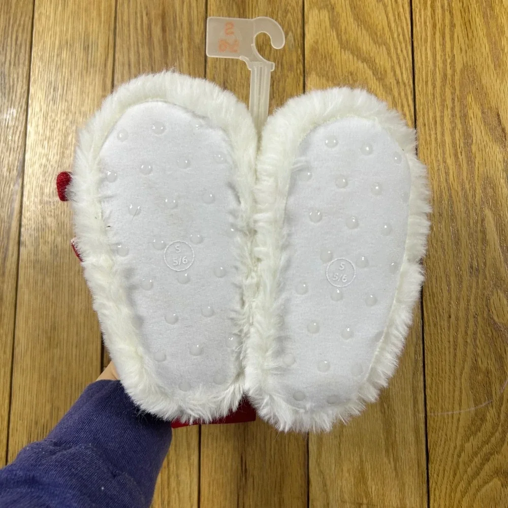 NEW Baby‎ Slippers White Bear Plush Fuzzy Red Stripe Scarf S 5/6